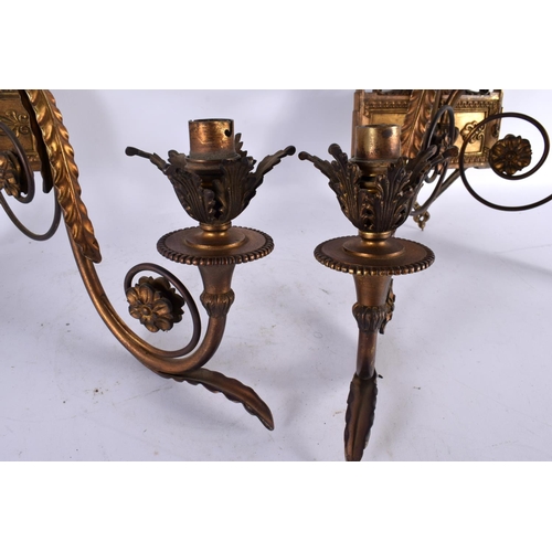 851 - A PAIR OF LATE 19TH CENTURY NEOCLASSICAL BRONZE TWIN SCONCE WALL BRACKET. 44 cm x 28cm.