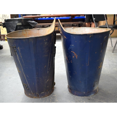 858 - A LARGE PAIR OF FRENCH BLUE TIN GRAPE BUCKETS. 60 cm x 50 cm.