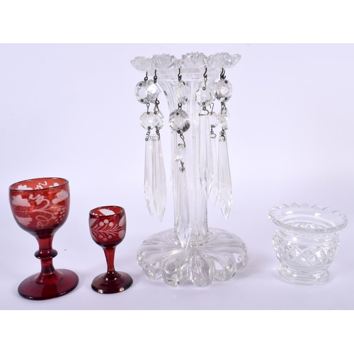 86 - A REGENCY CUT GLASS TABLE LUSTRE together with a similar salt & two bohemian glasses. Largest 22cm h... 