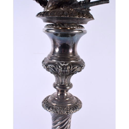 864 - A FINE LARGE 19TH CENTURY SILVER PLATED FOUR BRANCH CANDELABRA modelled on a wrythen form body with ... 