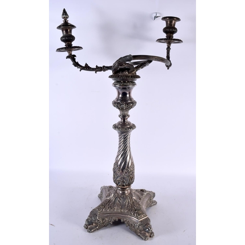 864 - A FINE LARGE 19TH CENTURY SILVER PLATED FOUR BRANCH CANDELABRA modelled on a wrythen form body with ... 