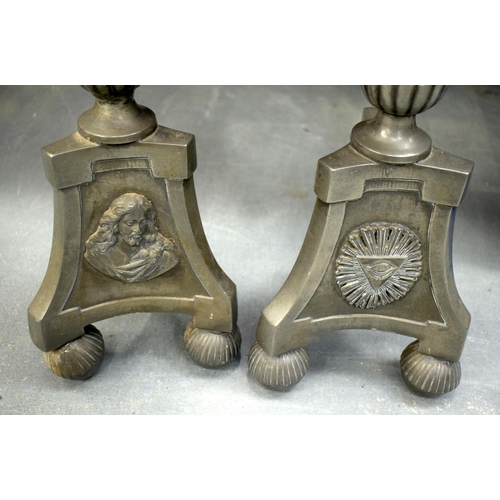 866 - A LARGE PAIR OF 18TH/19TH CENTURY CONTINENTAL PEWTER PRICKET LAMPS. 115 cm high.