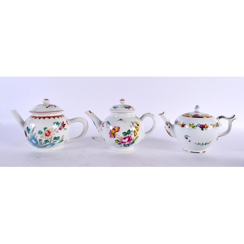 878 - A SET OF EIGHT 18TH CENTURY STYLE PORCELAIN TEAPOTS AND COVERS. Largest 18cm wide. (8)