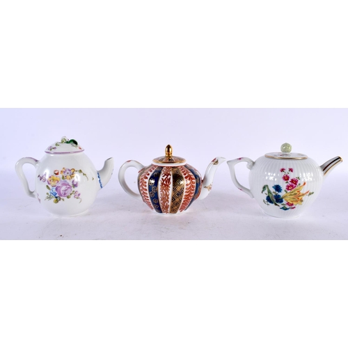 878 - A SET OF EIGHT 18TH CENTURY STYLE PORCELAIN TEAPOTS AND COVERS. Largest 18cm wide. (8)