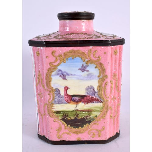 889 - AN 18TH CENTURY BILSTON ENAMEL TEA CADDY AND COVER painted with figures on a pink ground. 13 cm x 7.... 