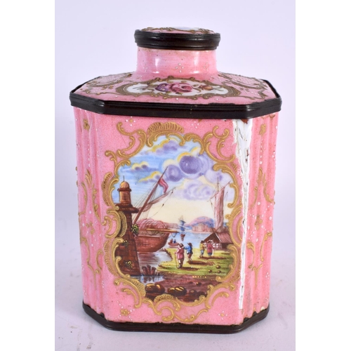 889 - AN 18TH CENTURY BILSTON ENAMEL TEA CADDY AND COVER painted with figures on a pink ground. 13 cm x 7.... 