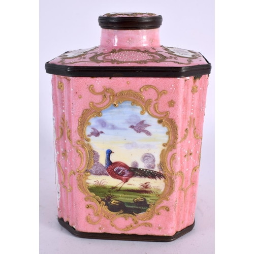 889 - AN 18TH CENTURY BILSTON ENAMEL TEA CADDY AND COVER painted with figures on a pink ground. 13 cm x 7.... 