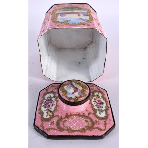 889 - AN 18TH CENTURY BILSTON ENAMEL TEA CADDY AND COVER painted with figures on a pink ground. 13 cm x 7.... 