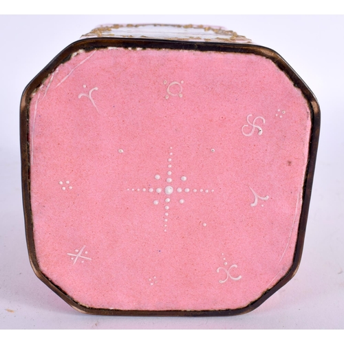 889 - AN 18TH CENTURY BILSTON ENAMEL TEA CADDY AND COVER painted with figures on a pink ground. 13 cm x 7.... 