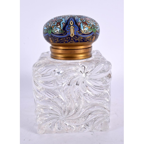 893 - A LARGE 19TH CENTURY FRENCH CHAMPLEVE ENAMEL GLASS INKWELL. 15cm x 8 cm.