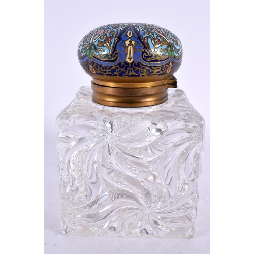 893 - A LARGE 19TH CENTURY FRENCH CHAMPLEVE ENAMEL GLASS INKWELL. 15cm x 8 cm.