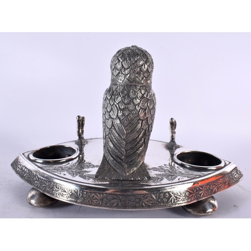 895 - A CHARMING ANTIQUE JAMES DIXON AND SONS OWL DESK STAND together with a plaque. Largest 18cm x 15cm. ... 