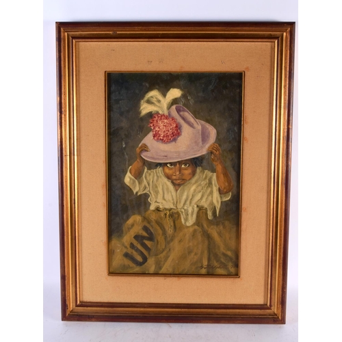 899 - Spanish School (C1970) Oil on canvas, girl in a hat within a UN sack. 58 cm x 42 cm.