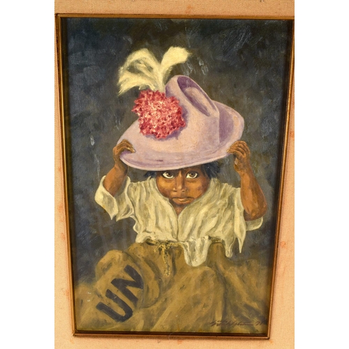 899 - Spanish School (C1970) Oil on canvas, girl in a hat within a UN sack. 58 cm x 42 cm.