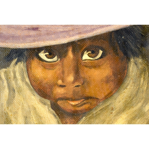 899 - Spanish School (C1970) Oil on canvas, girl in a hat within a UN sack. 58 cm x 42 cm.