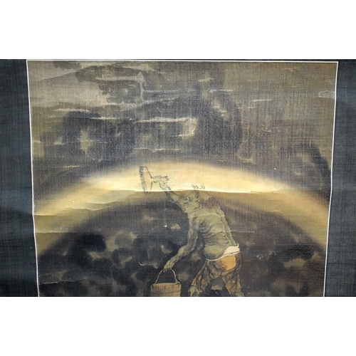 902 - A 19TH CENTURY JAPANESE MEIJI PERIOD SILK PAINTED SCROLL depicting figures and a devil within a land... 