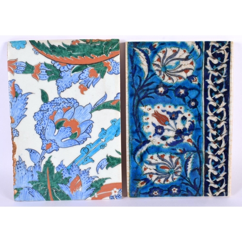 91 - A PAIR OF TURKISH MIDDLE EASTERN IZNIK TILES. 24 cm x 16 cm.