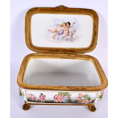 96 - A 19TH CENTURY ITALIAN NAPLES PORCELAIN RELIEF CASKET painted with figures in landscapes. 20cm x 14c... 