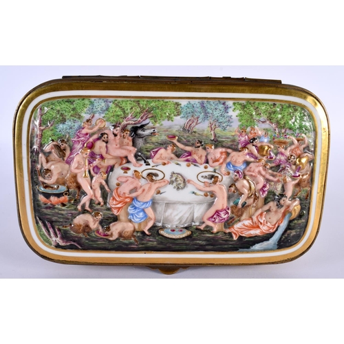 96 - A 19TH CENTURY ITALIAN NAPLES PORCELAIN RELIEF CASKET painted with figures in landscapes. 20cm x 14c... 