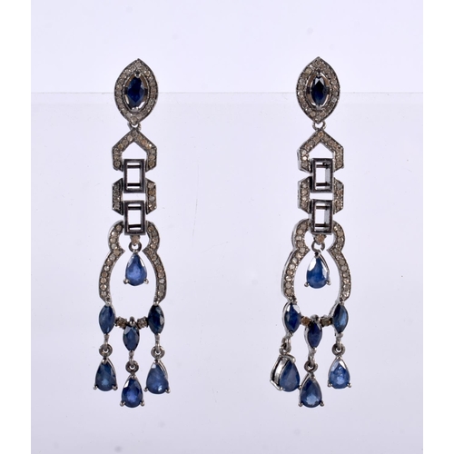 1000 - A PAIR OF SILVER DIAMOND AND SAPPHIRE EARRINGS. 13.4 grams. 6.25 cm x 1.25 cm.