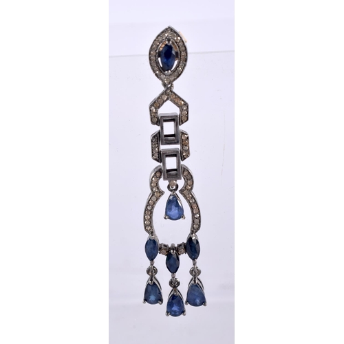 1000 - A PAIR OF SILVER DIAMOND AND SAPPHIRE EARRINGS. 13.4 grams. 6.25 cm x 1.25 cm.