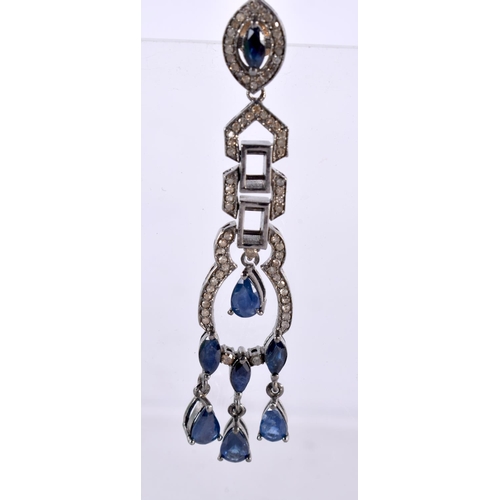 1000 - A PAIR OF SILVER DIAMOND AND SAPPHIRE EARRINGS. 13.4 grams. 6.25 cm x 1.25 cm.