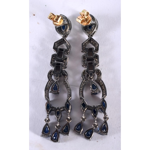 1000 - A PAIR OF SILVER DIAMOND AND SAPPHIRE EARRINGS. 13.4 grams. 6.25 cm x 1.25 cm.