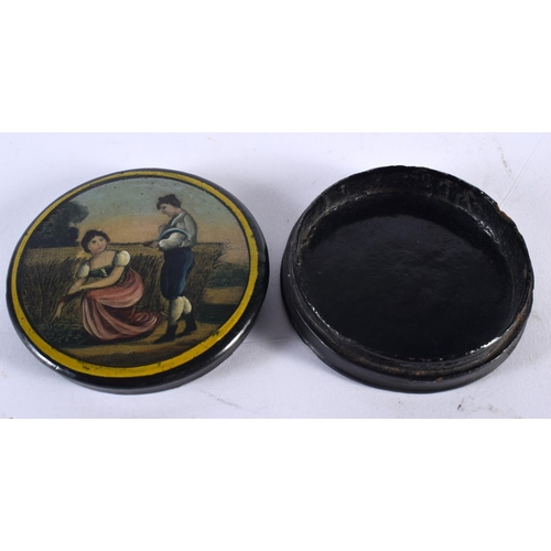 1009 - AN ANTIQUE PAPIER MACHE LACQUER SNUFF BOX AND COVER. 6.75 cm wide.