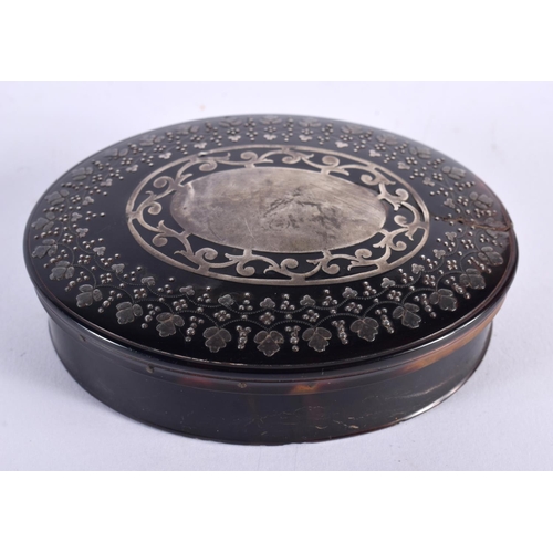 1012 - A GEORGE III SILVER INLAID PIQUE WORK TORTOISESHELL BOX AND COVER decorated with foliage and vines. ... 