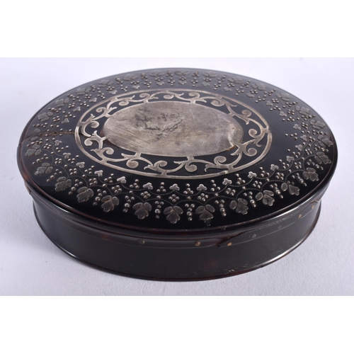 1012 - A GEORGE III SILVER INLAID PIQUE WORK TORTOISESHELL BOX AND COVER decorated with foliage and vines. ... 