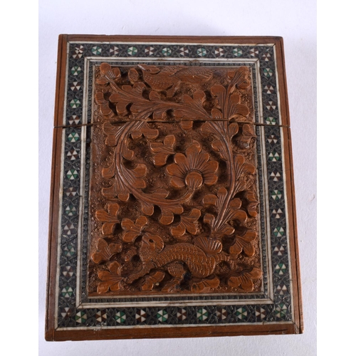 1020 - A 19TH CENTURY ANGLO INDIAN CARVED SANDALWOOD MICRO MOSAIC CARD CASE AND COVER. 86 grams. 10.5 cm x ... 