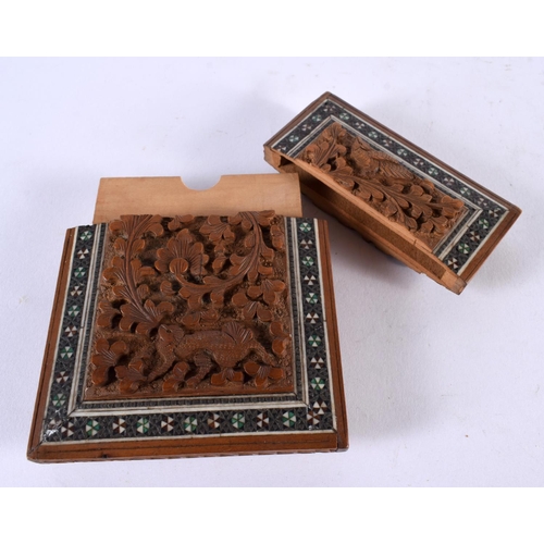 1020 - A 19TH CENTURY ANGLO INDIAN CARVED SANDALWOOD MICRO MOSAIC CARD CASE AND COVER. 86 grams. 10.5 cm x ... 