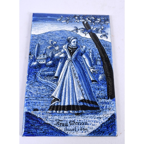 1039 - A 19TH CENTURY SWISS AUSTRIAN BLUE AND WHITE ENAMEL PLAQUE painted with a female , dated 1630. 196 g... 