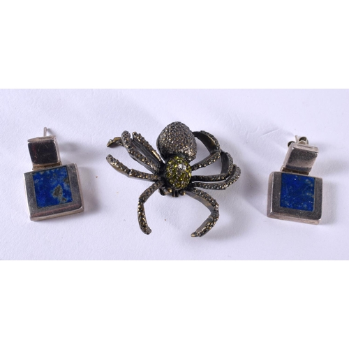 1070 - A PAIR OF ART DECO SILVER AND LAPIS LAZULI EARRINGS together with a spider brooch. 24 grams. Largest... 