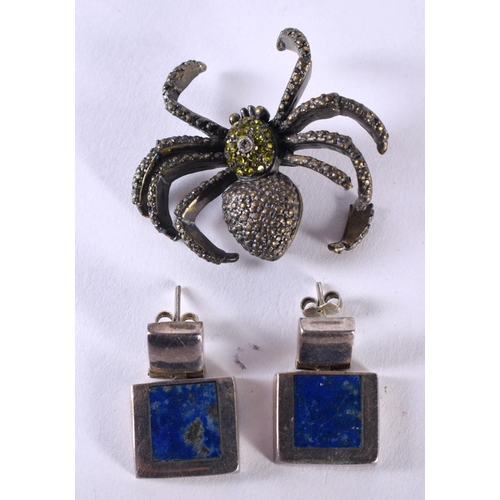 1070 - A PAIR OF ART DECO SILVER AND LAPIS LAZULI EARRINGS together with a spider brooch. 24 grams. Largest... 