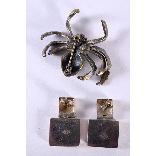 1070 - A PAIR OF ART DECO SILVER AND LAPIS LAZULI EARRINGS together with a spider brooch. 24 grams. Largest... 