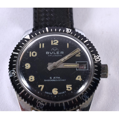 1077 - A VINTAGE BLACK DIAL BVLER 5 ATM WRISTWATCH. 3.5 cm wide inc crown.