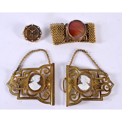 1080 - AN ANTIQUE GRECIAN REVIVAL YELLOW METAL CAMEO SHELL BUCKLE together with a yellow metal and agate br... 