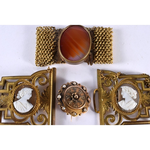 1080 - AN ANTIQUE GRECIAN REVIVAL YELLOW METAL CAMEO SHELL BUCKLE together with a yellow metal and agate br... 