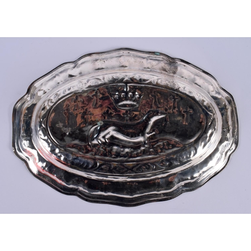 1083 - A VINTAGE SPANISH VALENTI SILVER PLATED REPOUSSE DISH. 316 grams. 25 cm x 18cm.