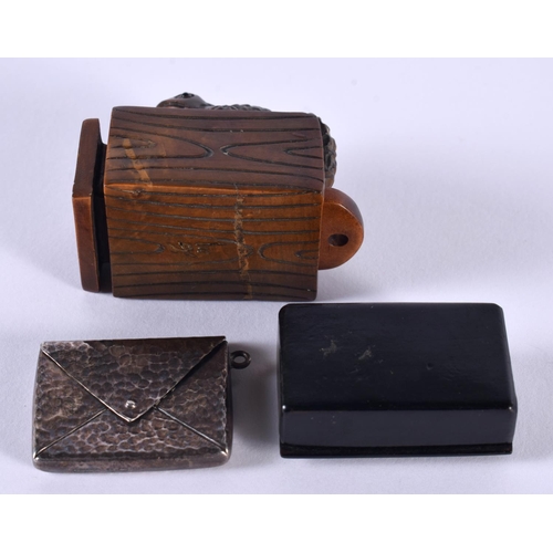 1088 - AN ANTIQUE SILVER LETTER FORM STAMP HOLDER together with a Japanese box & another. 23.6 grams. Large... 