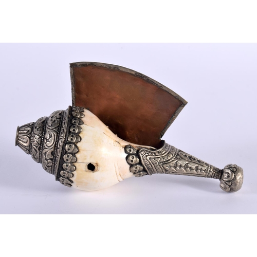 1099 - A 19TH CENTURY TIBETAN SILVER AND COPPER MOUNTED CONCH SHELL PIPE with inset hardstone. 491 grams. 1... 