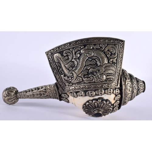 1099 - A 19TH CENTURY TIBETAN SILVER AND COPPER MOUNTED CONCH SHELL PIPE with inset hardstone. 491 grams. 1... 