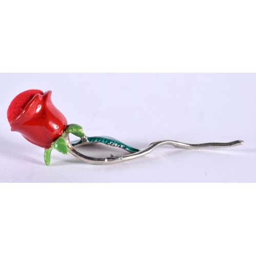 1123 - A SILVER AND ENAMEL ROSE. 7.2 grams. 6 cm x 1.75 cm.