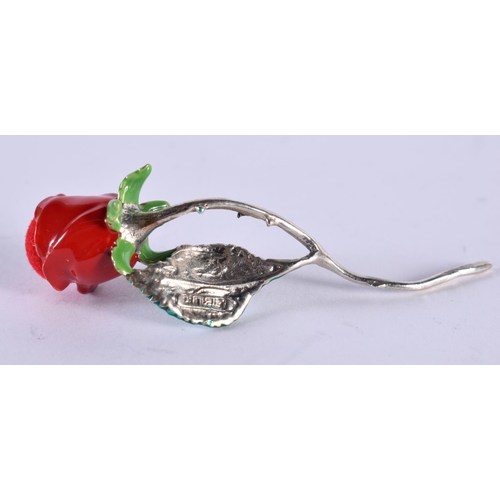 1123 - A SILVER AND ENAMEL ROSE. 7.2 grams. 6 cm x 1.75 cm.