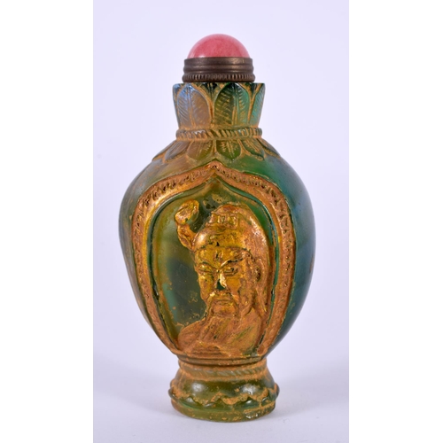 1137 - A GREEN GLASS SNUFF BOTTLE WITH GILT DECORATION.  8.4cm x 4.4cm, weight 155g