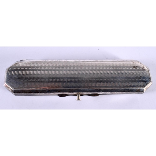 1143 - A CONTINENTAL WHITE METAL BOX WITH ENGINE TURNED DECORATION.  13.3cm x 3.5cm x 1.5cm, weight 65g