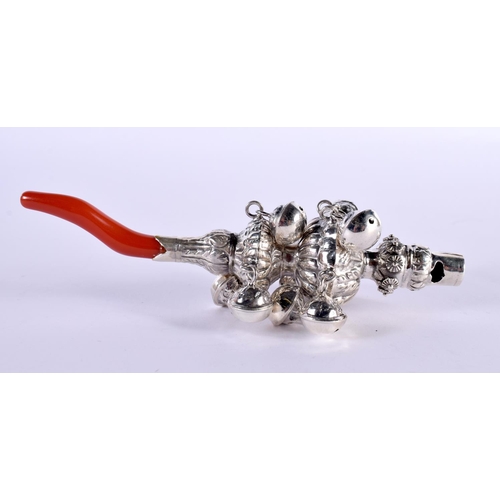 1156 - A WHITE METAL BABY'S RATTLE / SOOTHER / WHISTLE.  14cm x 5cm, weight 63.2g