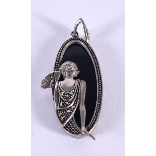 1158 - A SILVER MOUNTED ART DECO ONYX PENDANT.  Stamped 925, 5cm x 2.4cm, weight 11.6g