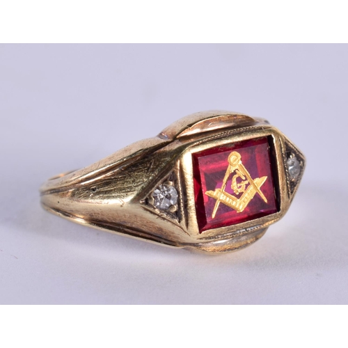 1159 - A 14CT GOLD MASONIC RING SET WITH 2 DIAMONDS.  Size L, Stamped 14K, weight 7.7g